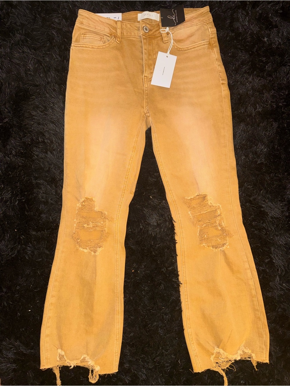 Vervet by Flying Monkey Bella High Rise Flare Jeans 27 Mustard Distressed NWT